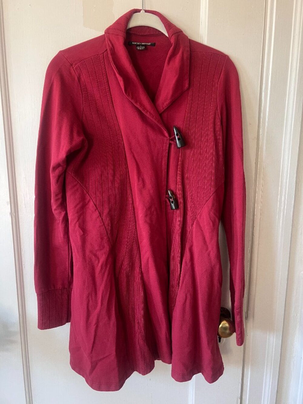 Lucky Brand Red Cotton Knit Coat Jacket w. Pockets & Faux Horn Buttons